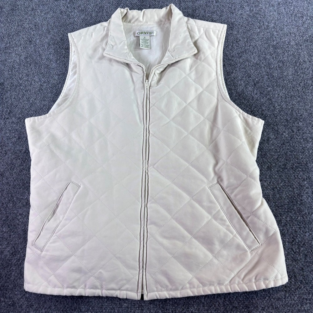 Orvis Quilted Vest Womens Medium Cream Diamond Quilt Full Zip‎ Adjustable Tabs